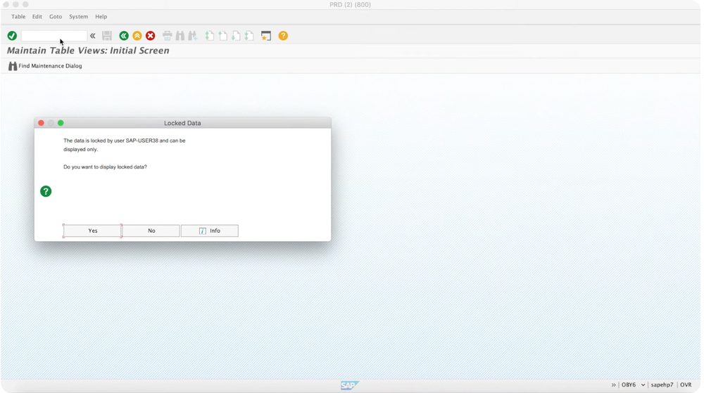 The Locked Data dialog in SAP: the data is locked by user SAP-USER38 and can be displayed only, with Yes, No and Info buttons