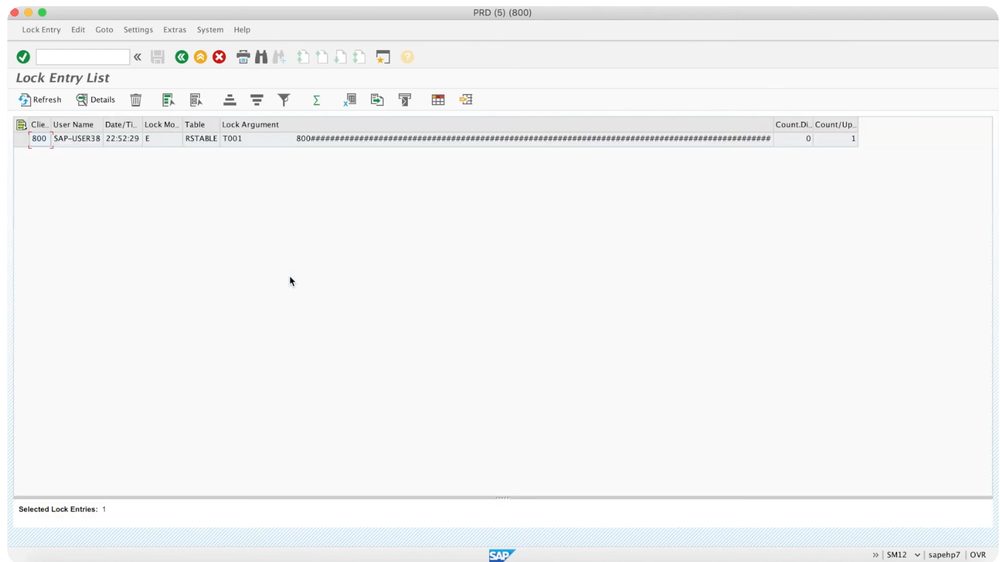 SM12 Lock Entry List showing a lock held by user SAP-USER38 on table T001 with lock mode E