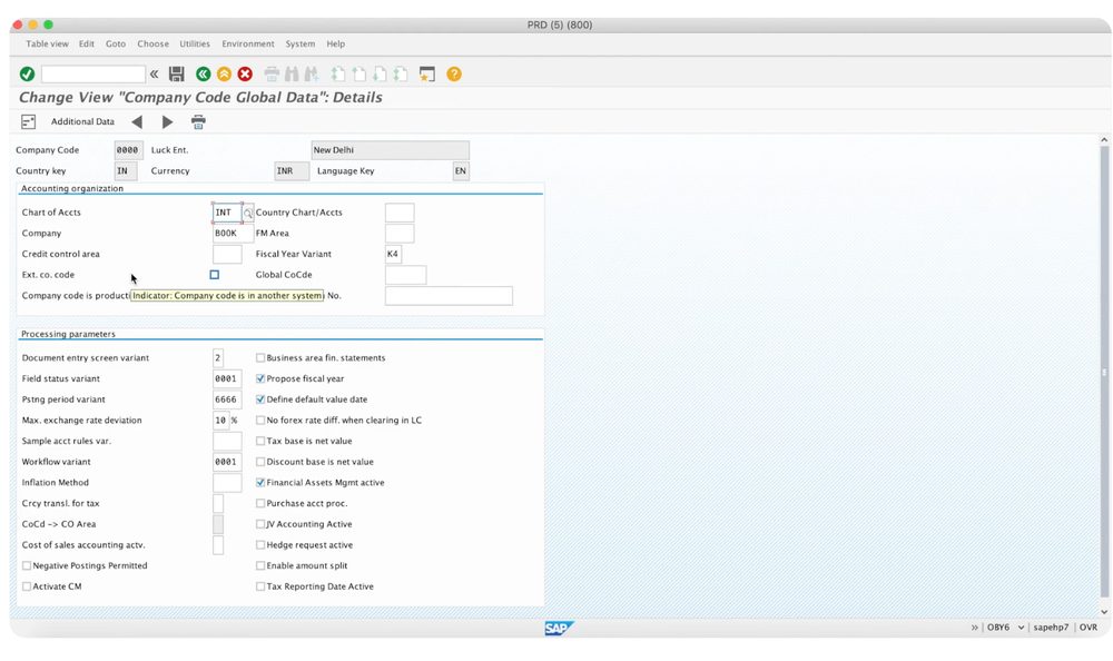 The Company Code Global Data table now open in editable change mode after the lock was cleared