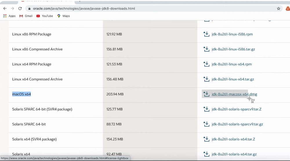 Oracle Java SE 8 download page on macOS showing the macOS x64 .dmg download link