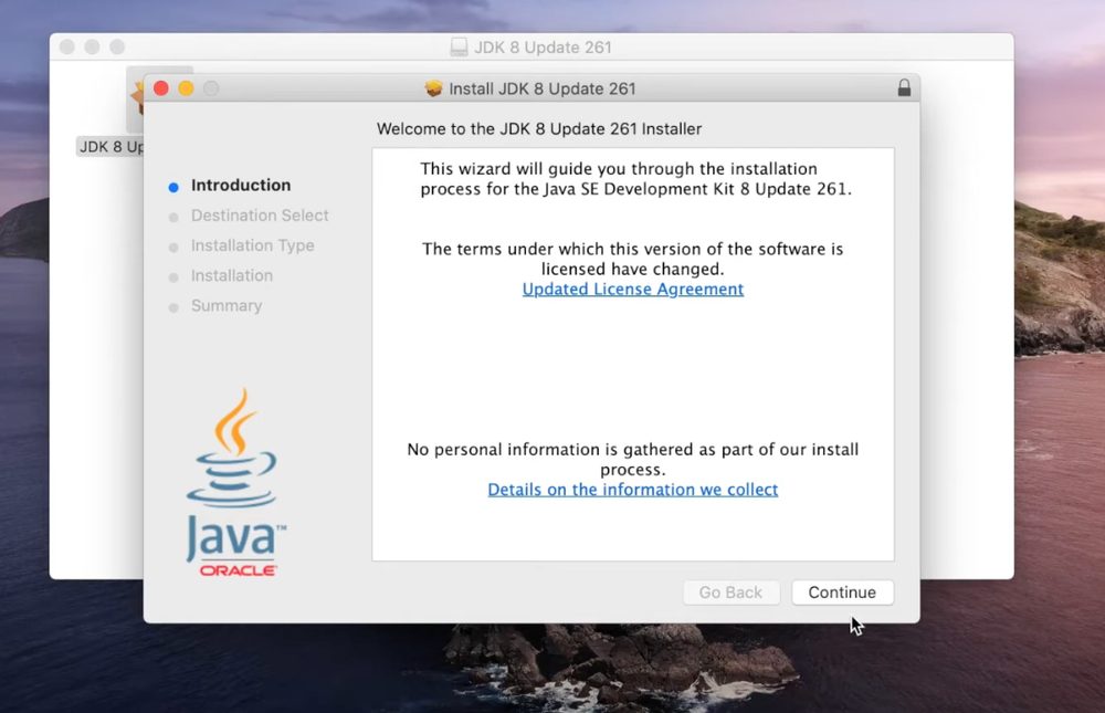 Java JDK 8 installer welcome screen on a Mac