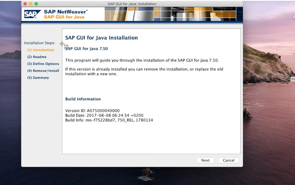 SAP GUI for Java 7.50 installation introduction screen on Mac