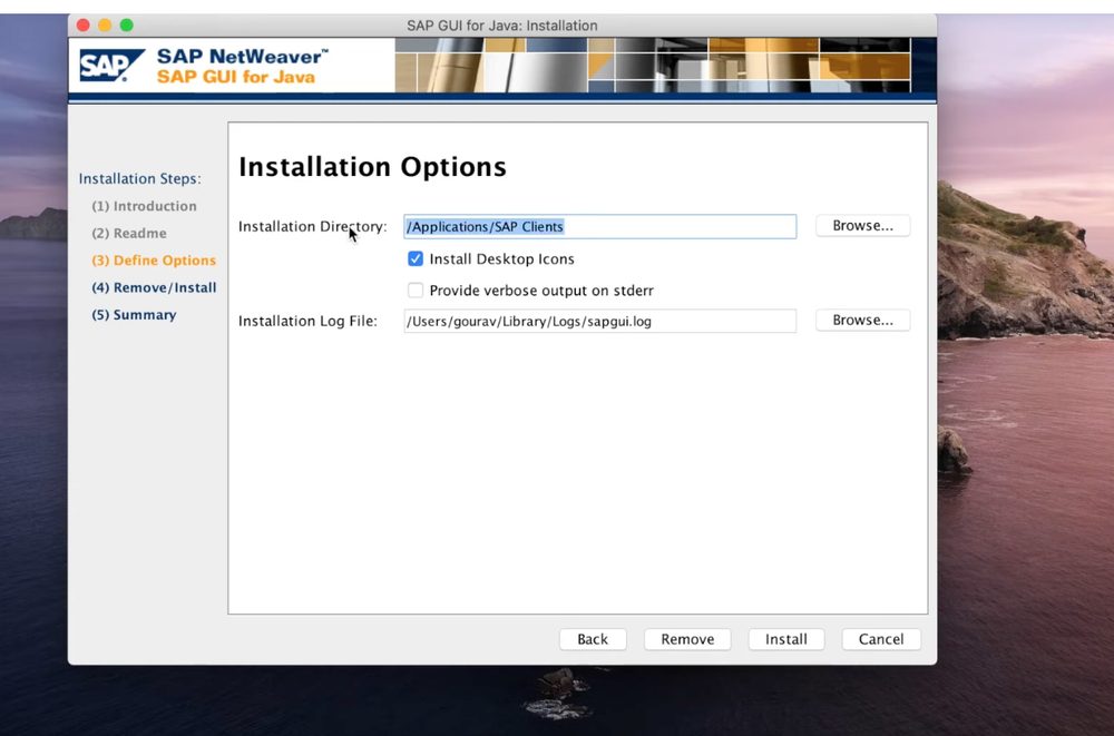SAP GUI for Java installation options with install directory Applications SAP Clients