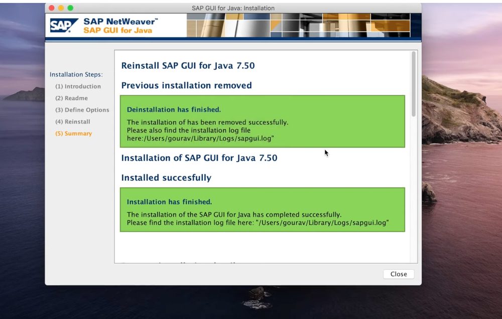 SAP GUI for Java installed successfully summary screen on Mac