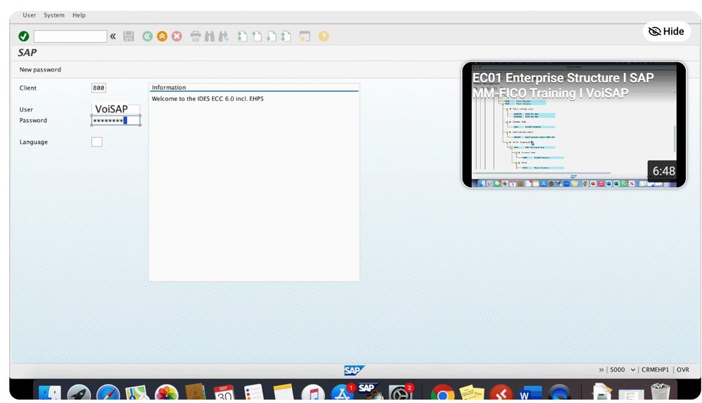 SAP login screen on Mac with client, user and password fields reaching the SAP system